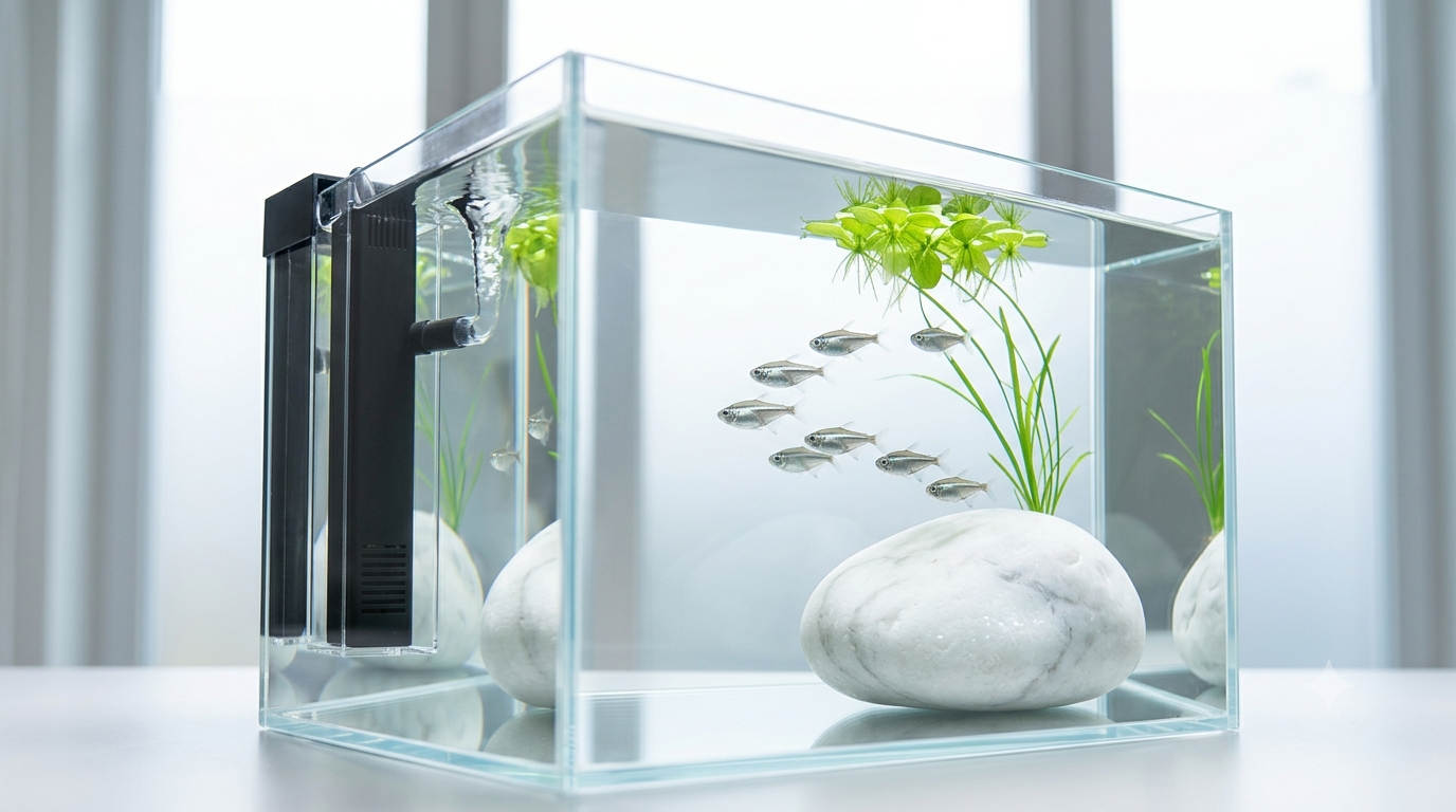A minimalist, modern aquarium setup featuring a sleek filter, a smooth white decorative stone, and a small school of tetras swimming in clear water.