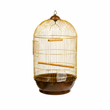 Full front view of the elegant Dayang 330 Gold Cage dome bird cage featuring its gold wire frame and dark brown base.