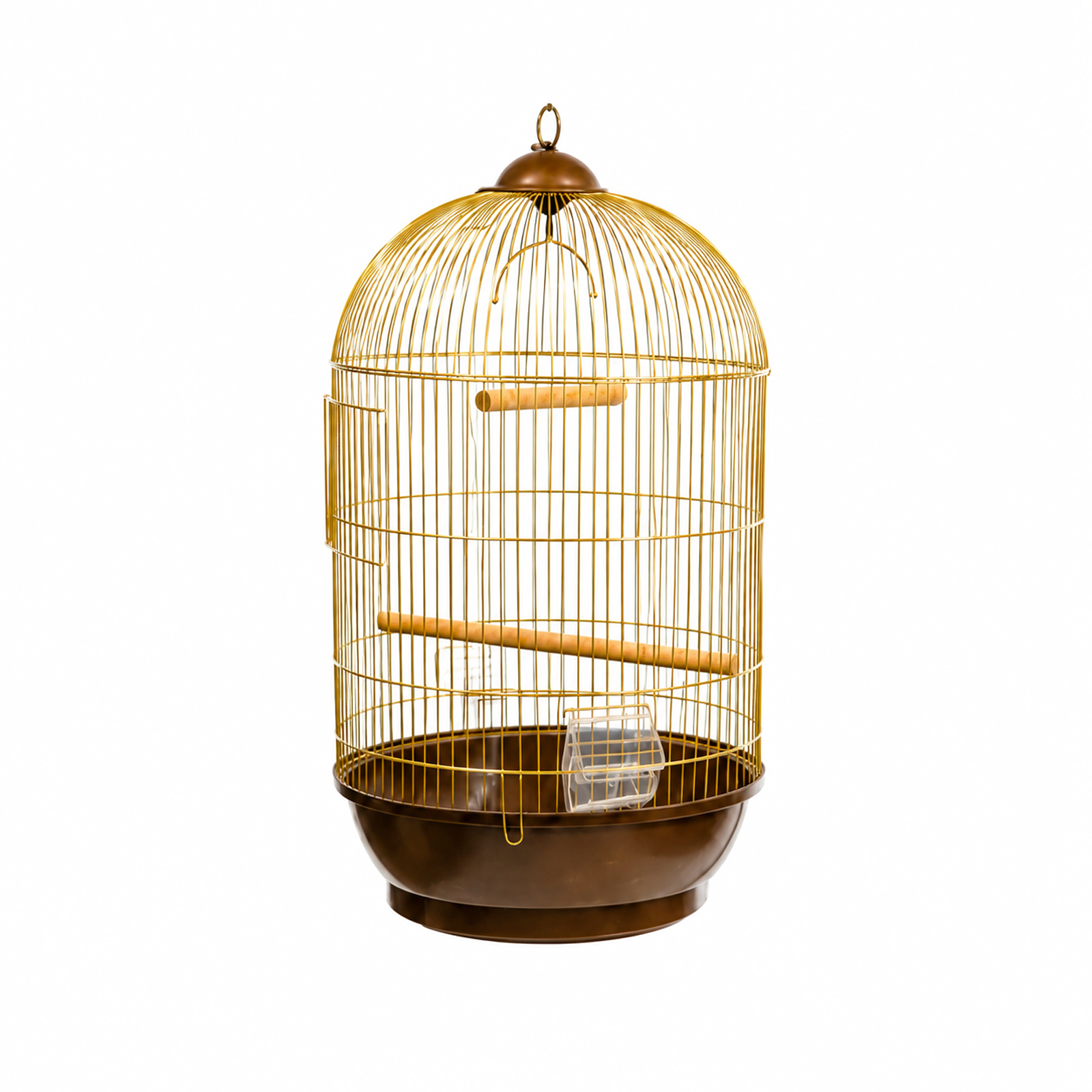 dayang-330-gold-cage-front-view Full front view of the elegant Dayang 330 Gold Cage dome bird cage featuring its gold wire frame and dark brown base.