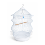 Dayang A500 Bird Cage in a clean minimalist white wire finish featuring an internal wooden perch and hanging play swing.