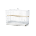 Full front view of the Dayang A600 White Bird Cage featuring a crisp white wire finish with four small parakeets perched inside.
