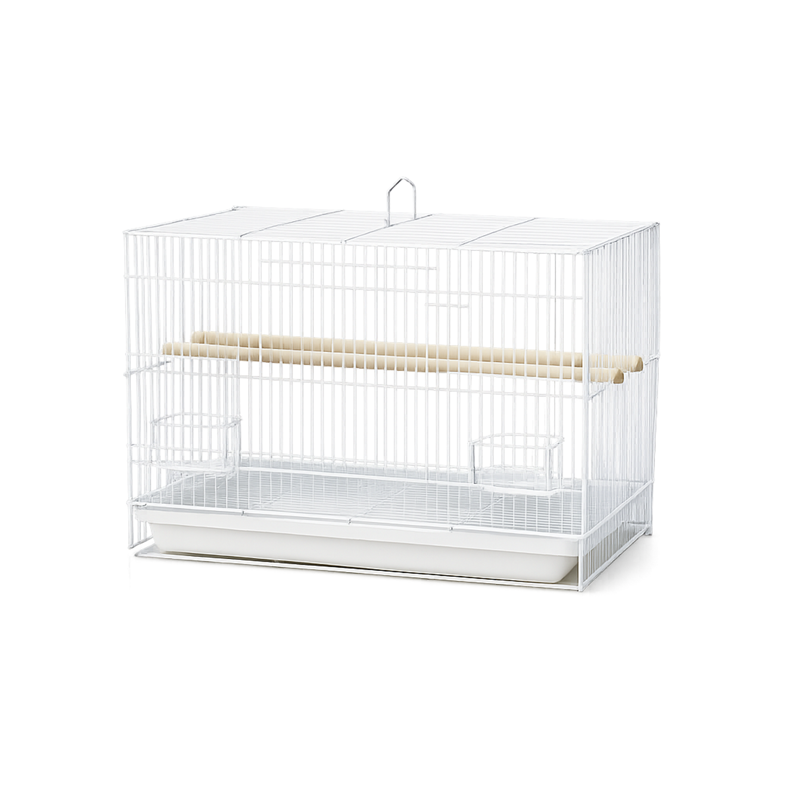 dayang-a600-white-bird-cage-main Full front view of the Dayang A600 White Bird Cage featuring a crisp white wire finish with four small parakeets perched inside.