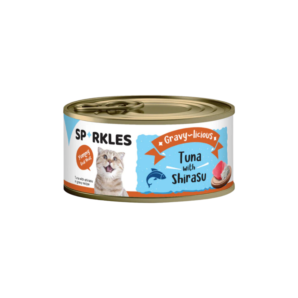 92a0df61-6a39-40d5-9cc0-92bf300b66d3-1000x1000-ezri68VYeeazrnfxUhucC0qwprfgLBM44RWQmyYQ Sparkles | Wet cat food with tuna and shirasu in gravy - Image 1