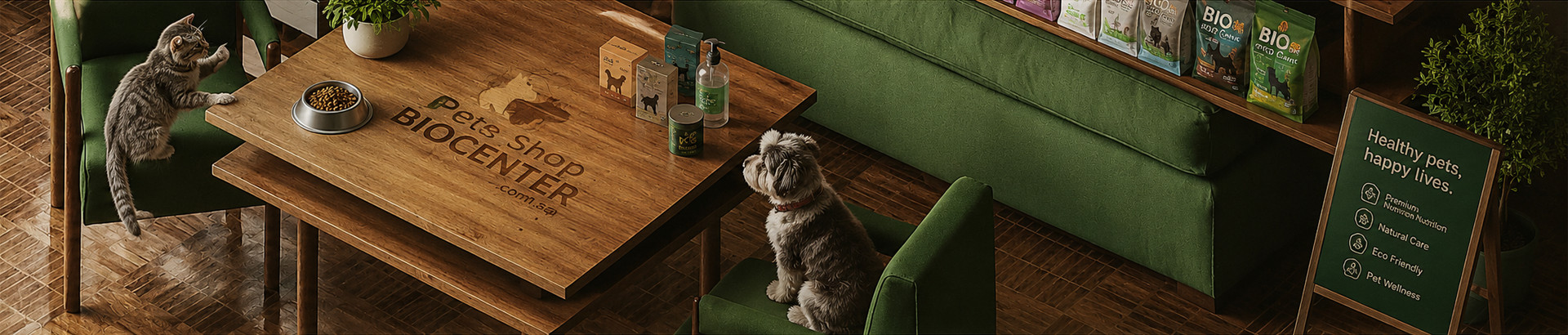 BioCenter pet shop banner showcasing premium cat and dog food products on a wooden table with engraved logo in Saudi Arabia.