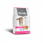 Front view yellow bag Monello dry cat food salmon flavor tuna and chicken mix - لقطة أمامية واضحة لعبوة طعام مونيلو قطط بالغين دجاج وسلَمون وتونا الأصفر