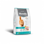 Front view light green bag Monello dry cat food hairball control chicken and fish flavor - لقطة أمامية واضحة لعبوة طعام مونيلو قطط للتحكم بكرات الشعر بالدجاج والسمك