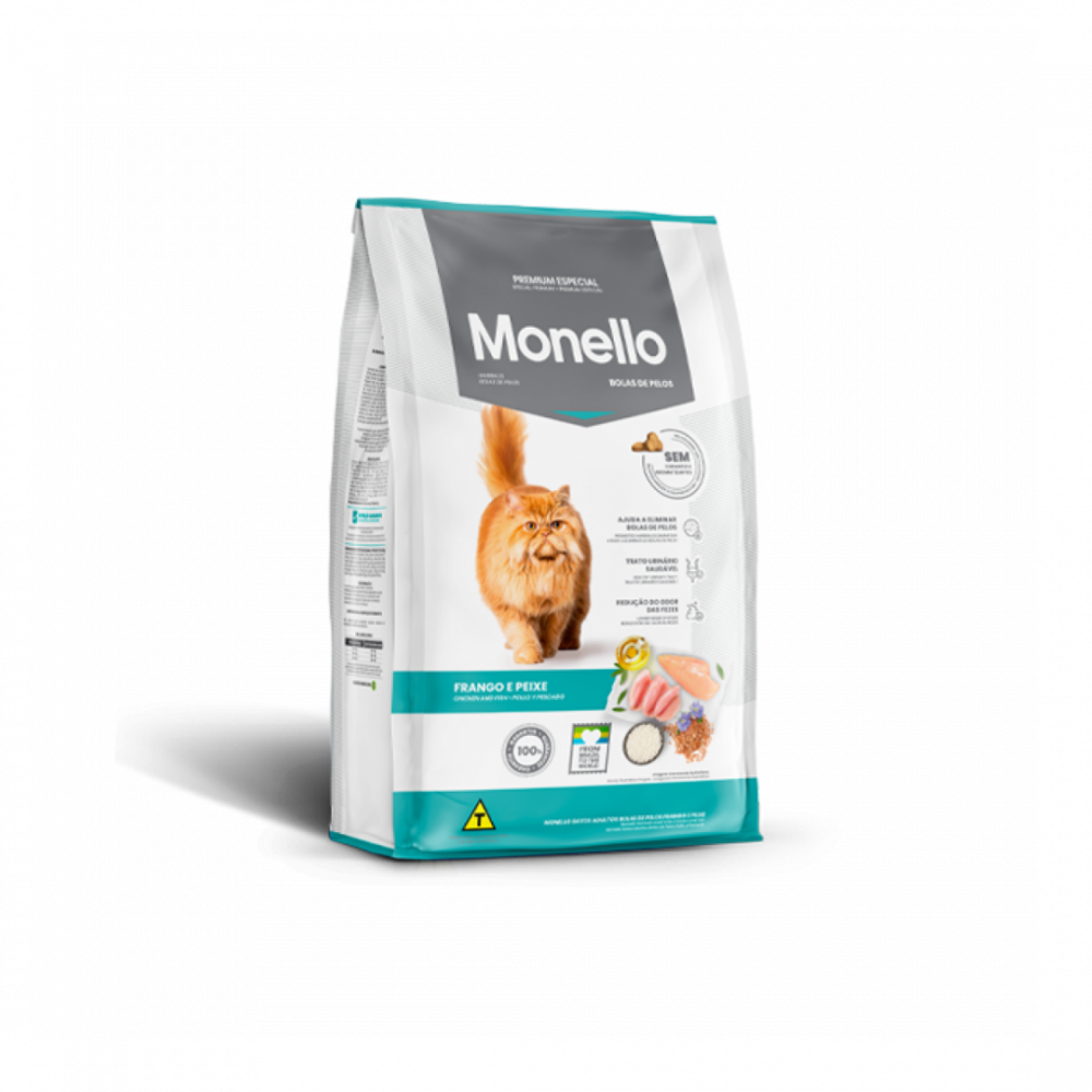 monello-adult-cat-hairball-control-bag Front view light green bag Monello dry cat food hairball control chicken and fish flavor - لقطة أمامية واضحة لعبوة طعام مونيلو قطط للتحكم بكرات الشعر بالدجاج والسمك