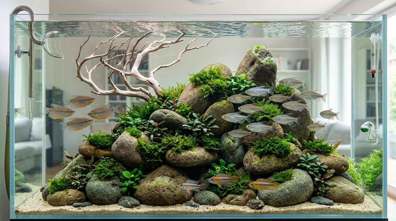 Healthy, thriving aquarium with lush plants and neon tetras